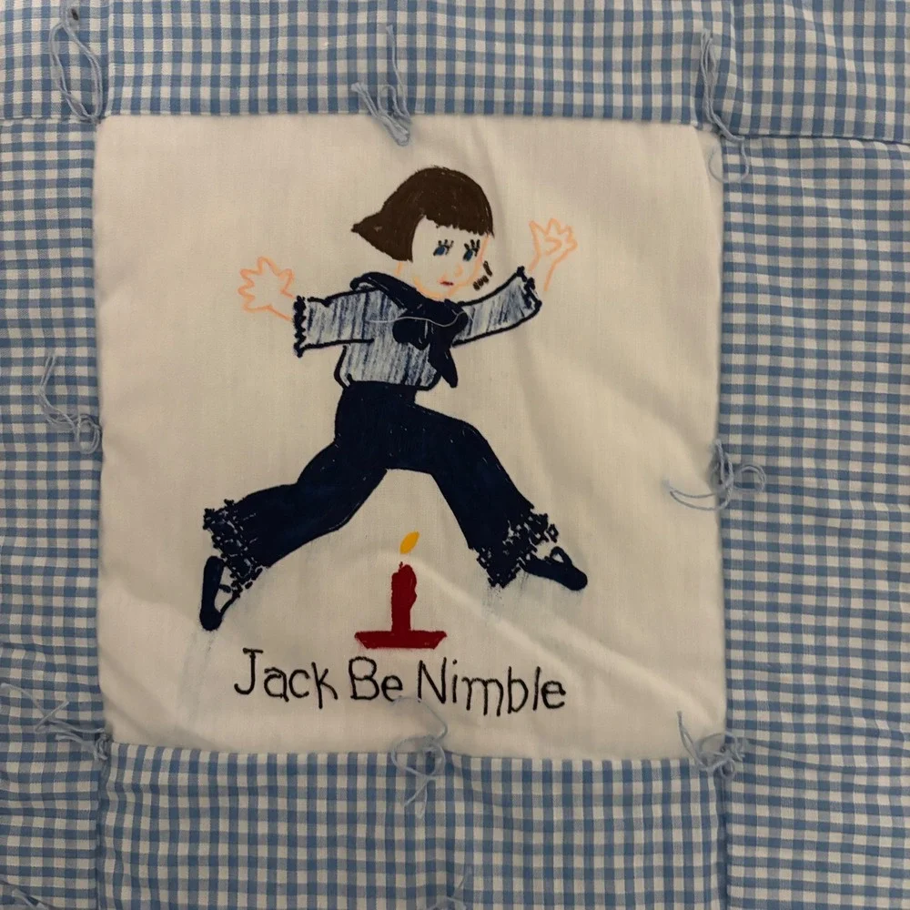 Vintage Nursery Rhyme Crib Quilt Hand Painted Gingham Blue White 12 Panel